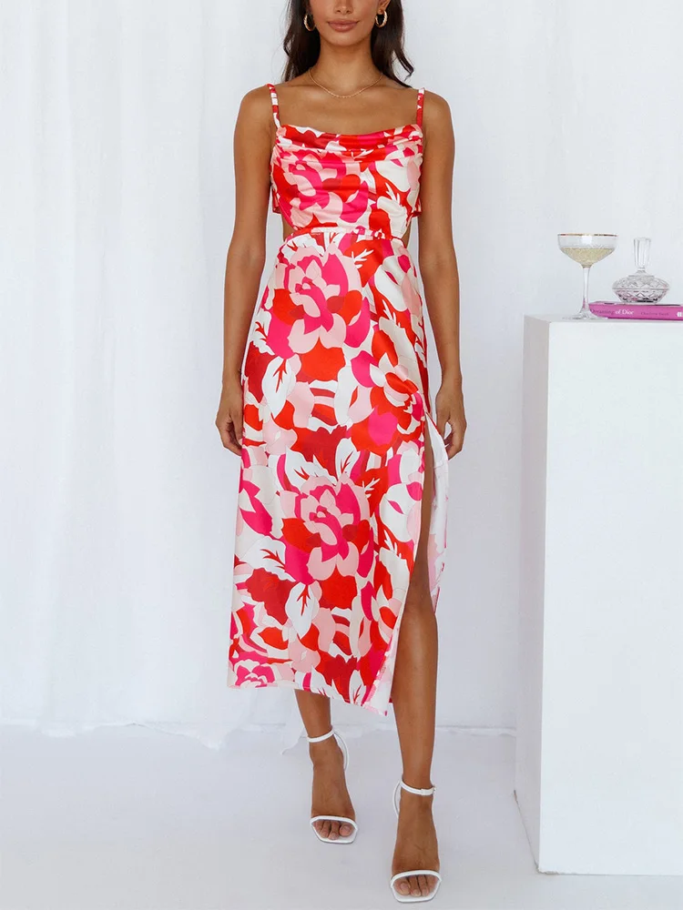 2022 Women Floral Print Midi Dress Cowl Neck Elegant Stain Slip Dress
