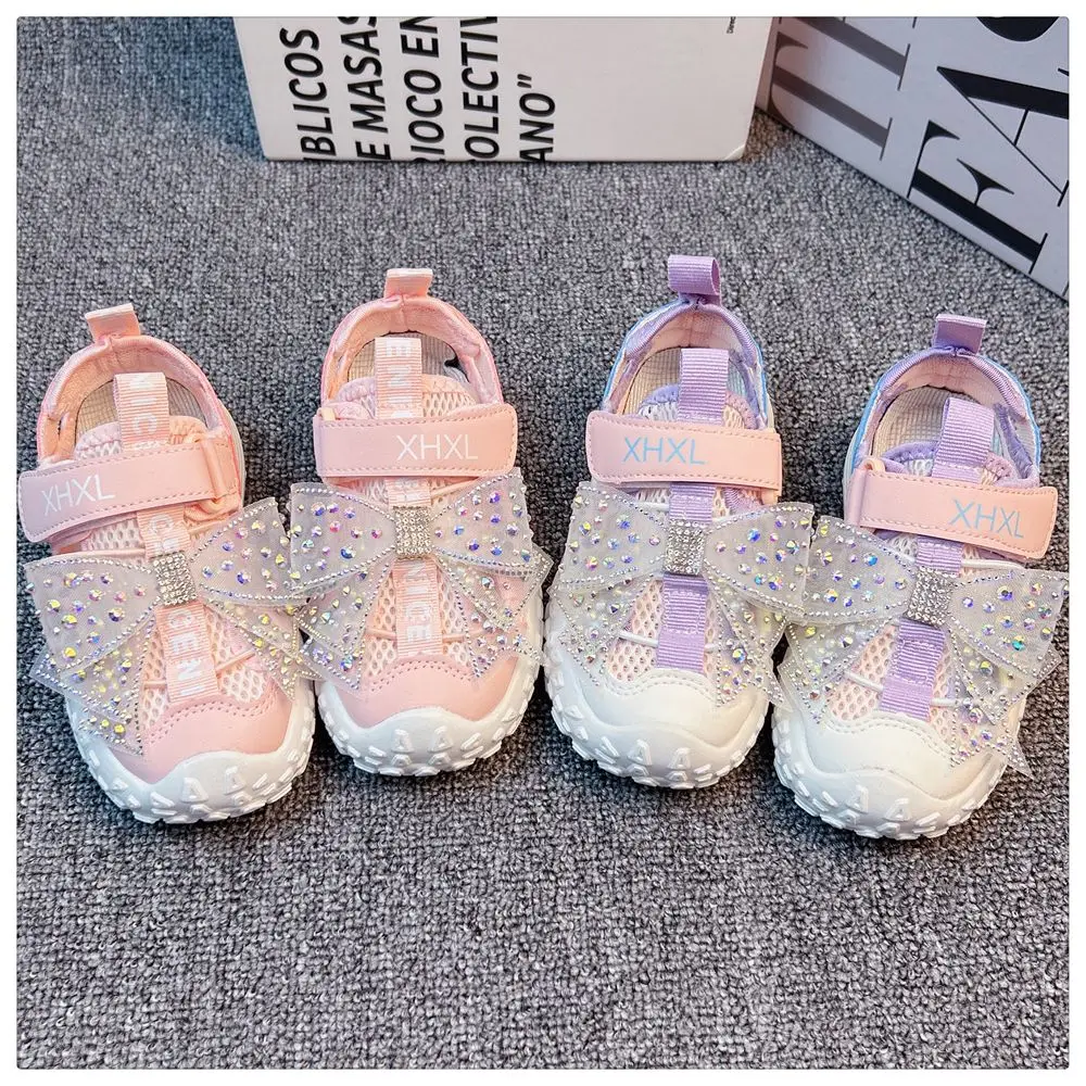 Baby Girls Spring Summer Sports Shoes for Children Bling Rhinestone Bow Breathable Mesh Sneakers Toddler Kids Casual Shoes 23-36 children s board shoes 2023 new girls fashion rhinestone mesh casual soft sole sports shoes children s breathable casual shoes