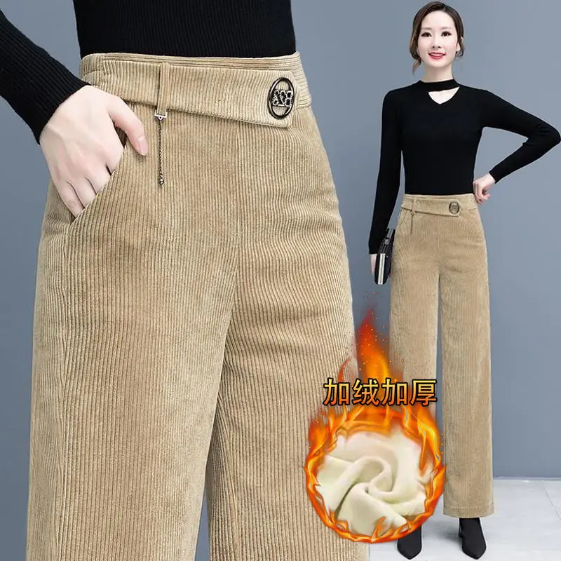 Plus Velvet Corduroy Winter Trousers Women Vintage High Waist Baggy Straight Pants Office Lady Fleece Lined Casual Pantalones