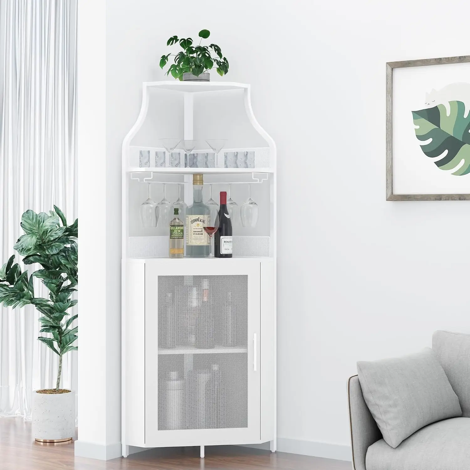 Corner Wine Bar Rack Cabinet with Detachable Wine Rack, Bar Cabinet with Glass Holder, Small Sideboard