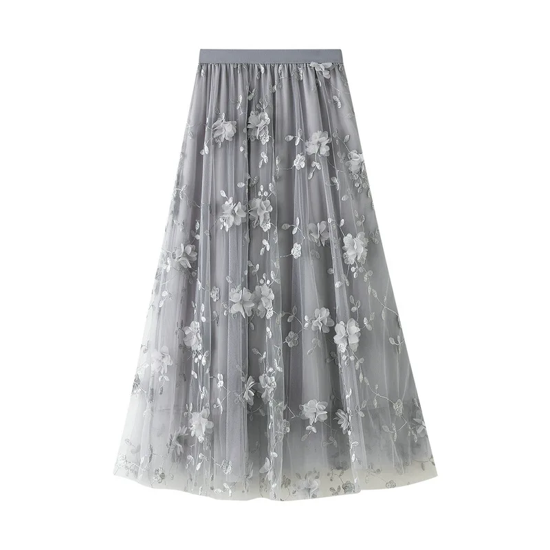

Mesh Embroidery Half-Length Large Yarn Spring New A-Line Hundred Wrinkles Princess Dress Dance Skirt