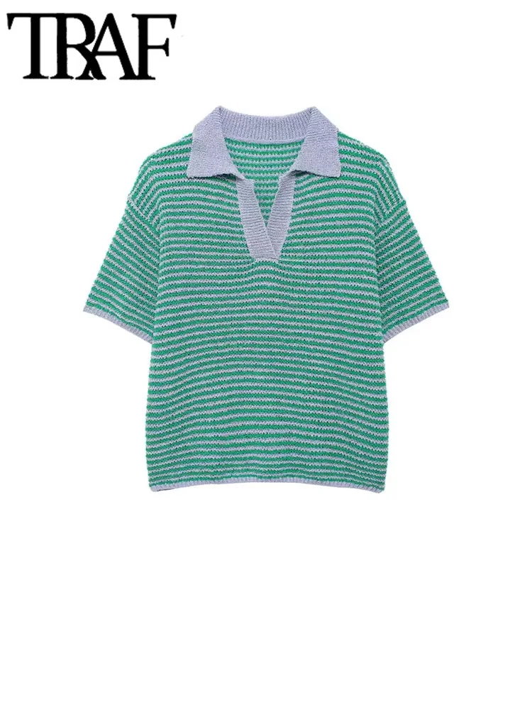 TRAF Women Fashion Polo Collar Striped Loose Knit Sweater And High Elastic Waist Shorts Female Two Piece Sets Mujer 5
