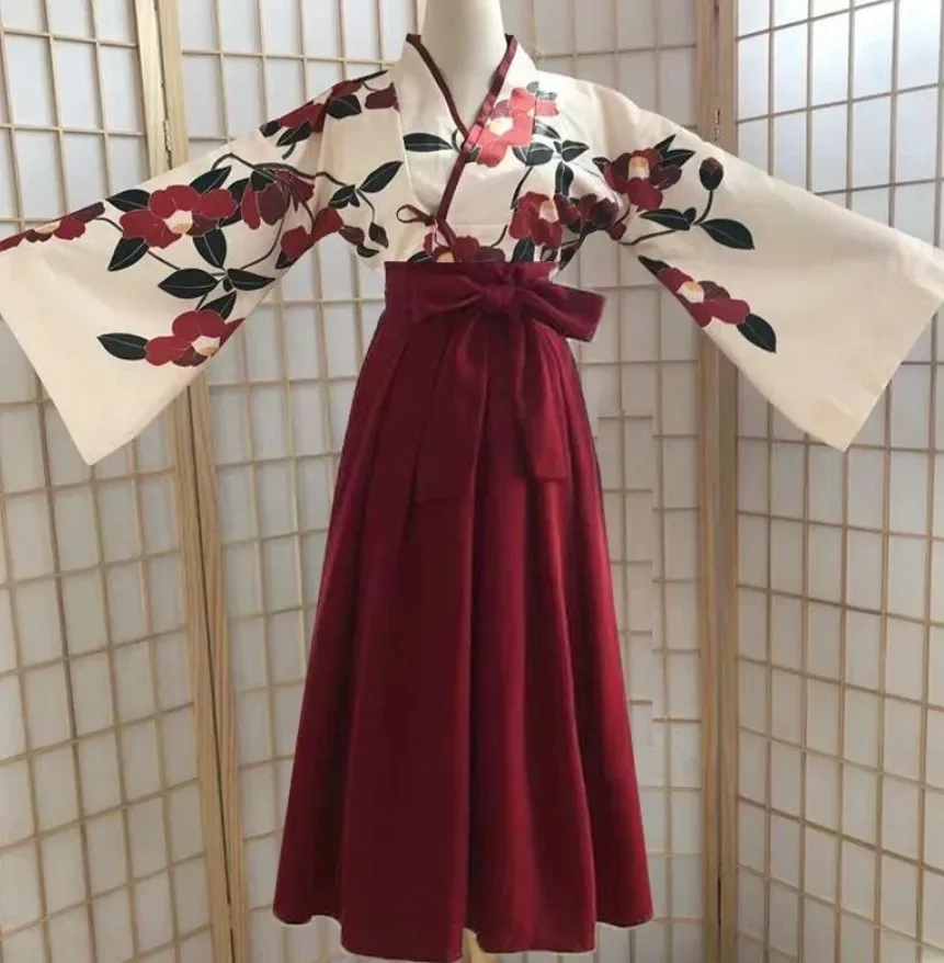 

Kimono Sakura Girl Japanese Style Floral Print Vintage Dress Woman Oriental Camellia Love Costume Haori Yukata Asian Clothes