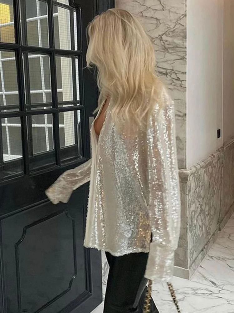 Glitter Sequin Crop top Female Long Sleeve T-shirt Sexy Outfit Solid Casual  High Street Sparkle Y2k Party Club Top