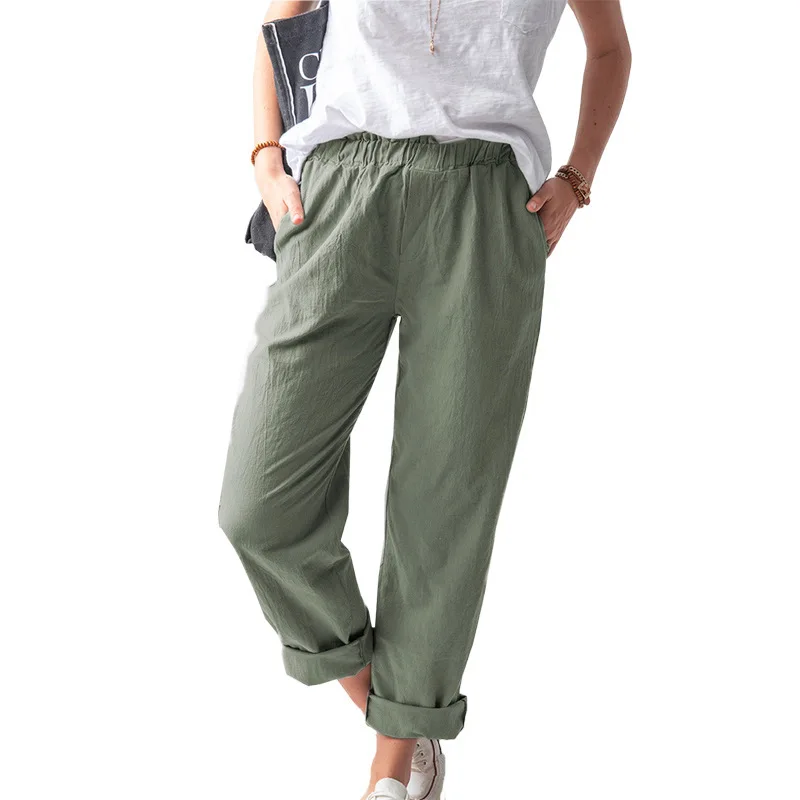 Women's Cotton Hemp Pants Solid Color Casual Elastic High-waisted Straight Trousers Women