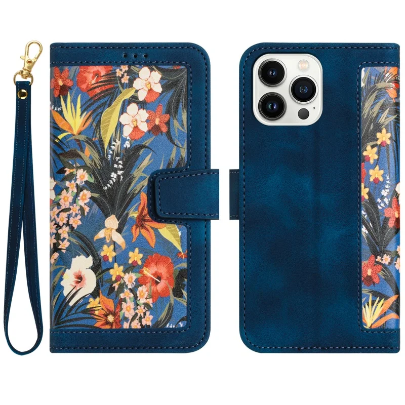 Embossed Flower Leather Wallet Phone Case with Wrist Strap and Card Holder