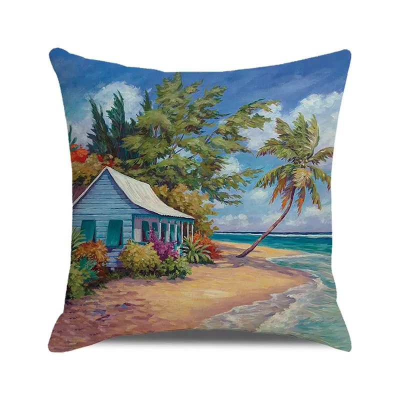 Oil Painting Beach Pillowcase Summer Beach Sea Printed Pillow Cover Home Decorative Pillows Couch Cushion Cover fundas de cojin