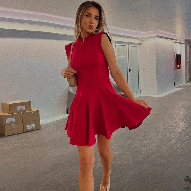 Sleeveless Folds Mini Dress Women's Solid Color High Waist Outfits Half Turtleneck Elegant Club Casual Party Dress A-Line