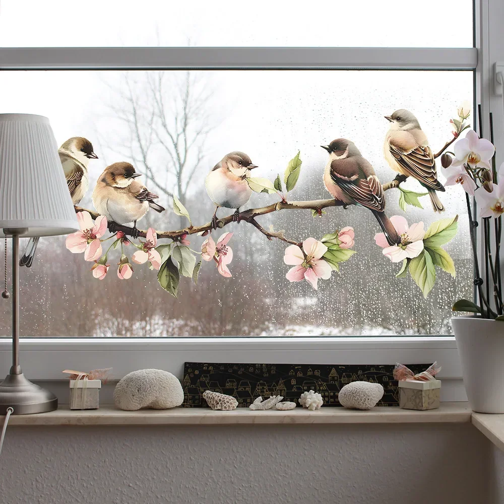 PVC Flower Window Clings Birds Tree Branch Glass Sticker Anti-Collision Decal For Bedroom Restroom Doors Decorative Films window stickers