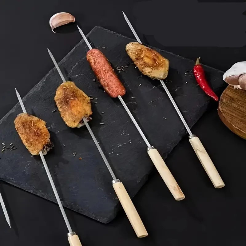 30pcs Wooden Handle Anti-Scalding Barbecue Skewers Can Be Reused 304 Stainless Steel Metal Barbecue Skewers Wide