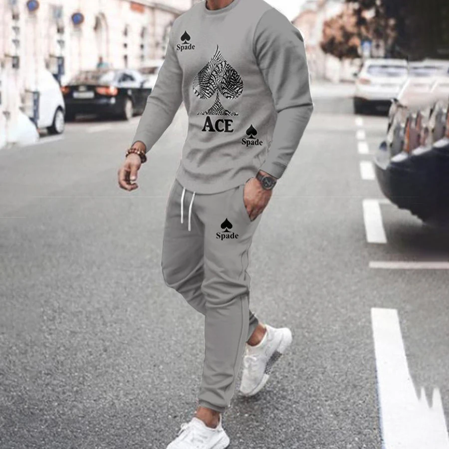 

Spring Autumn Men's Set Casual Sportswear Fashion Male Running Suit Men Long-sleeved T-shirt+Sports Trousers 2-Piece Plus Size