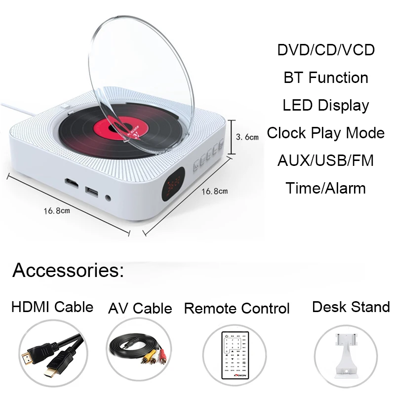 VCD CD DVD Player Multifunctional Audio Music Player Bluetooth Speaker FM Radio Wall Mounted 3.5mm AUX Jack With Remote Control images - 6