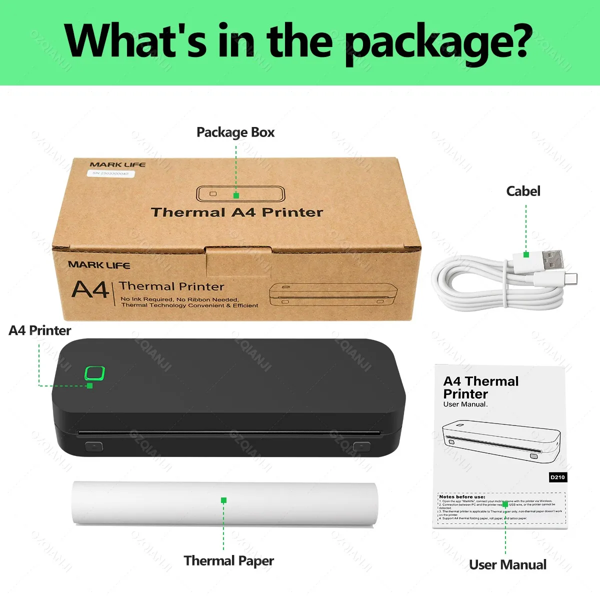 A4 Portable Thermal Printer Wireless for Travel and Home Work Use Inkless Mobile Bluetooth Printing Compatible with Android iOS