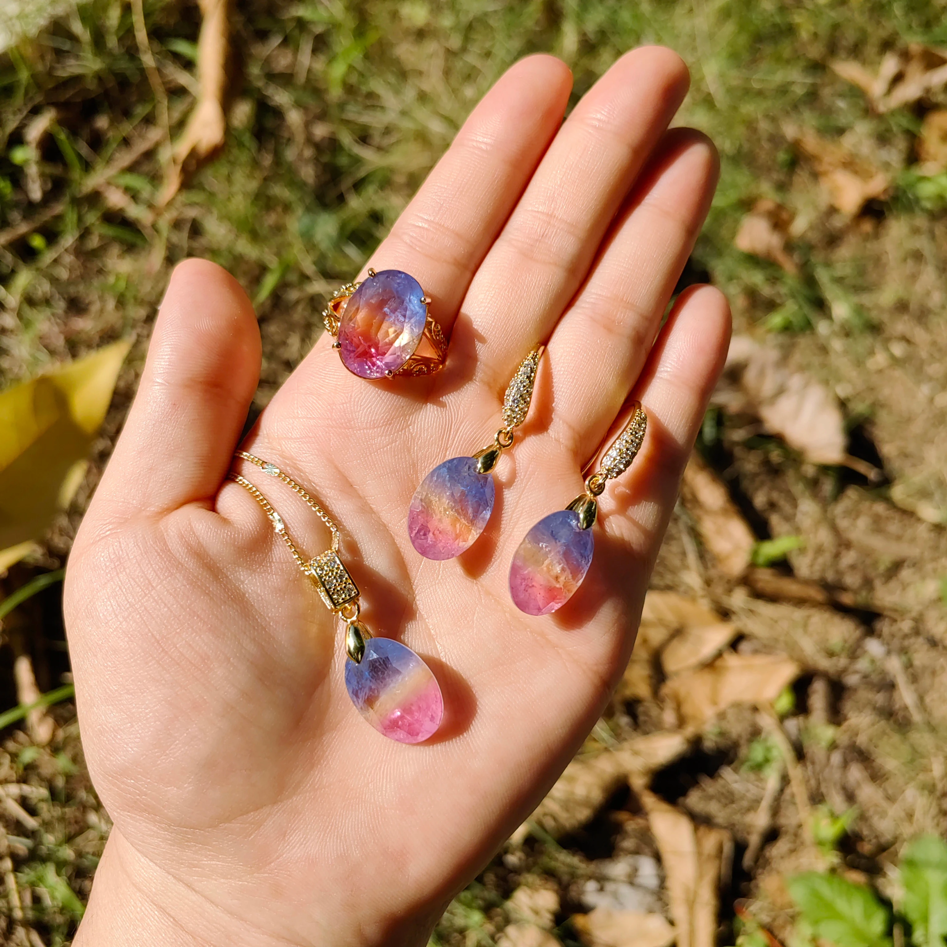 Pink yellow blue gradient crystal fusion stone Necklace Earrings