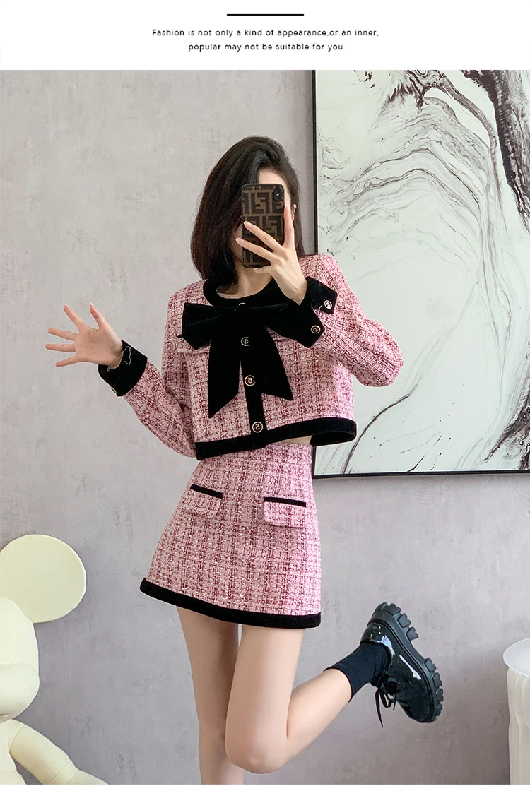 Autumn Winter Tweed Two-Piece Skirt Set Women Short Jacket Coat + Mini Skirt Suits Elegant Korean Fashion Female Outfits