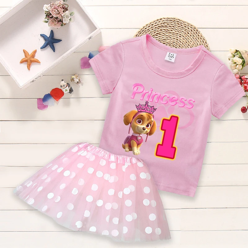 Paw Ronds Skye T-Shirt Gonne Suit Kids Girls Pink Clothes Festa Di Compleanno Wear Numero Tshirt Dress Set Cute Puppy Print Gifts