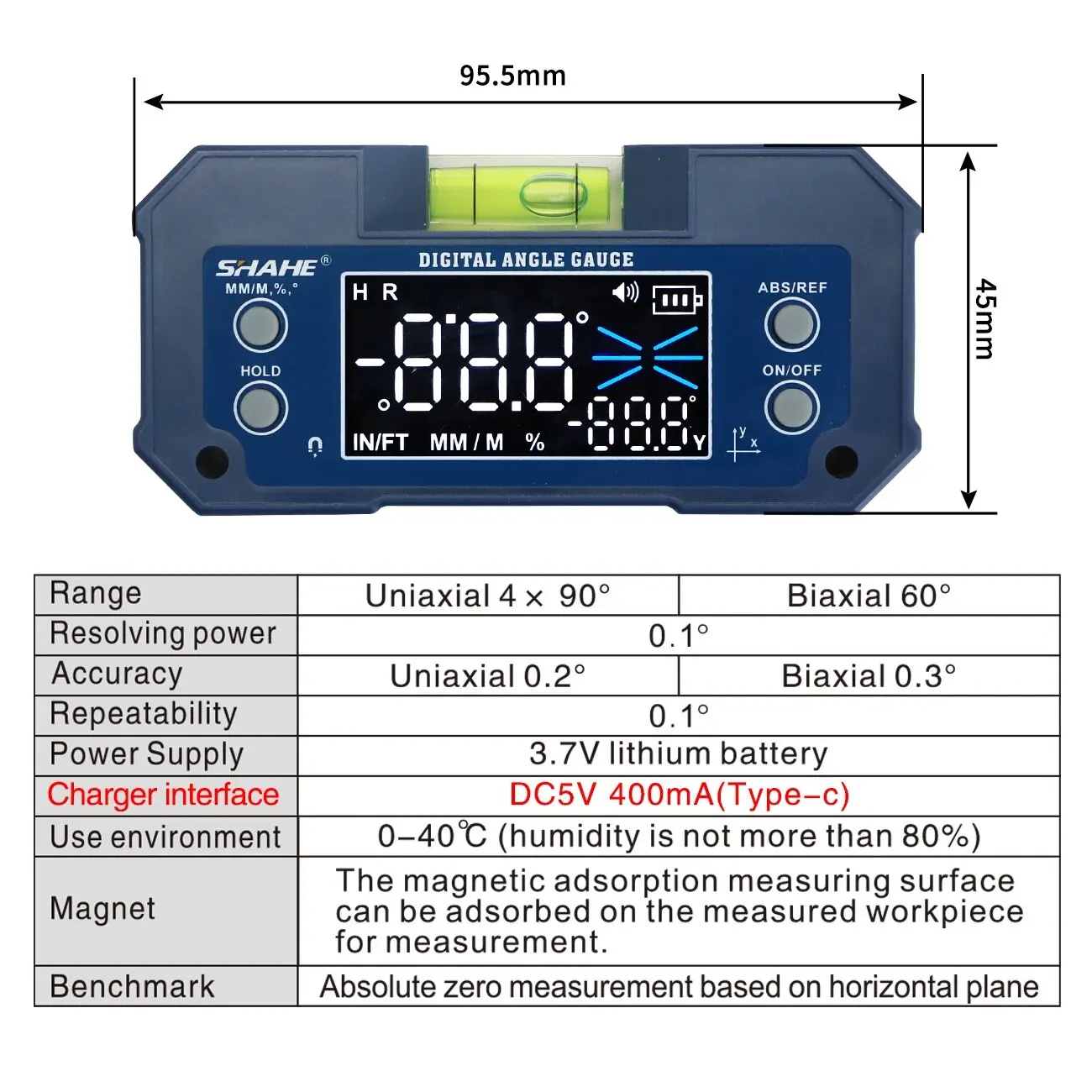 SHAHE MINI Magnetic Level Gauge Inclinometer Rechargable Angle Protractor Dual Axis Digital Angle Finder With Level Bubble level gauge