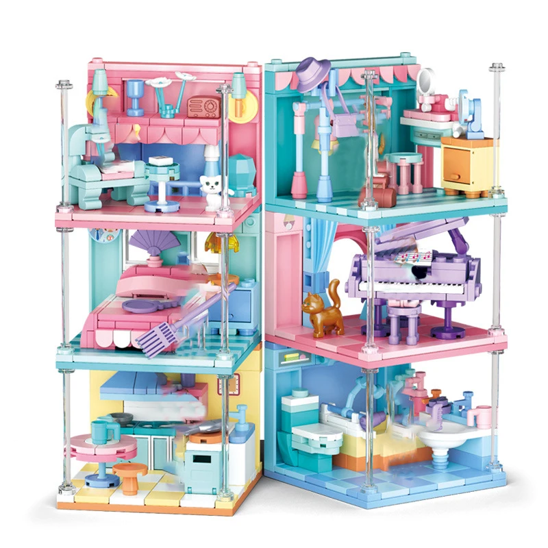 

6in1 for Friends Fit Girl Toys Study Room Bedroom Bathroom Building Blocks Kitchen Dressing Piano Rooms Bricks Constructor