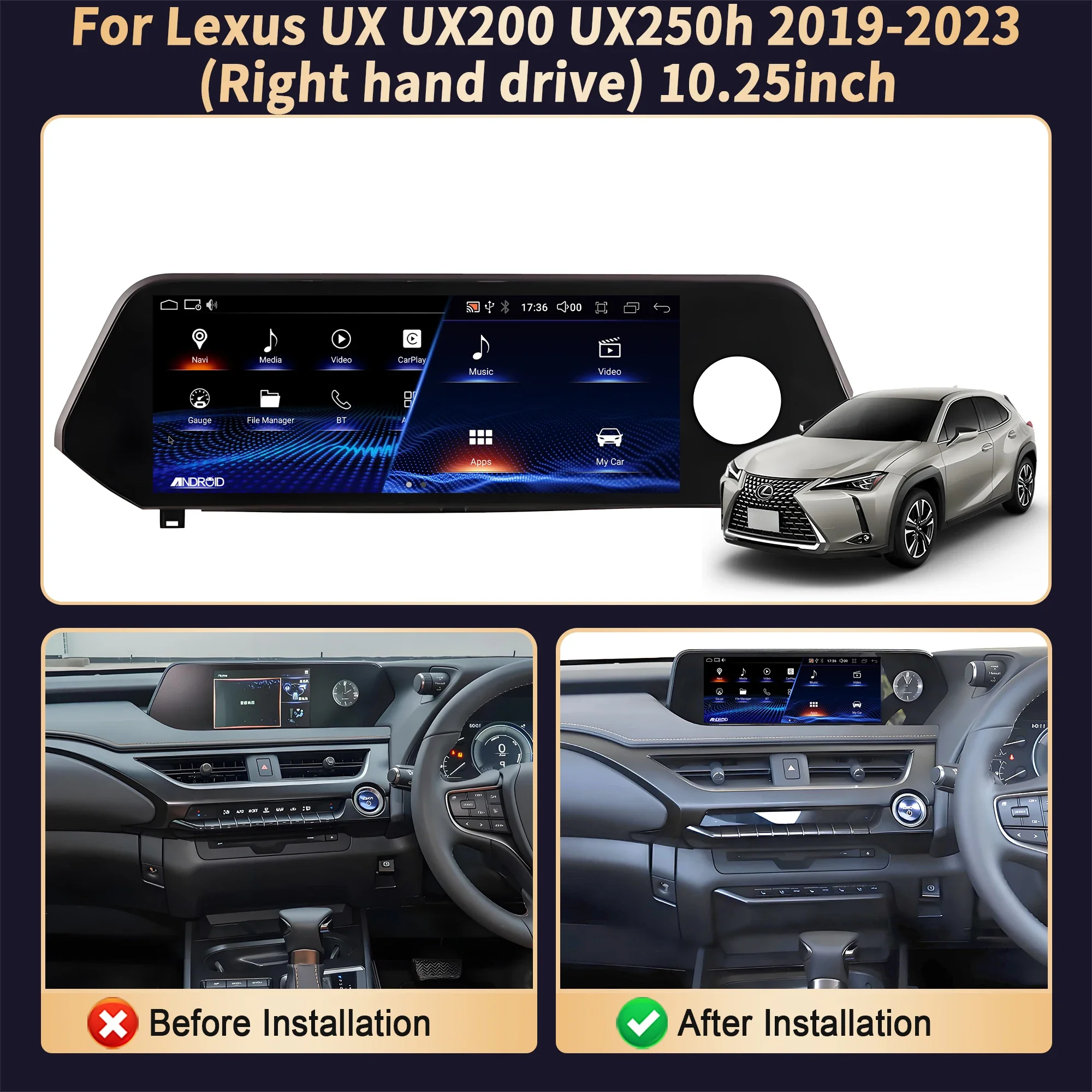 10,25 "con volante a la derecha para Lexus UX UX200 UX250h 2019-2023 Radio de coche inalámbrico CarPlay Multimedia pantalla Snapdragon 680 2