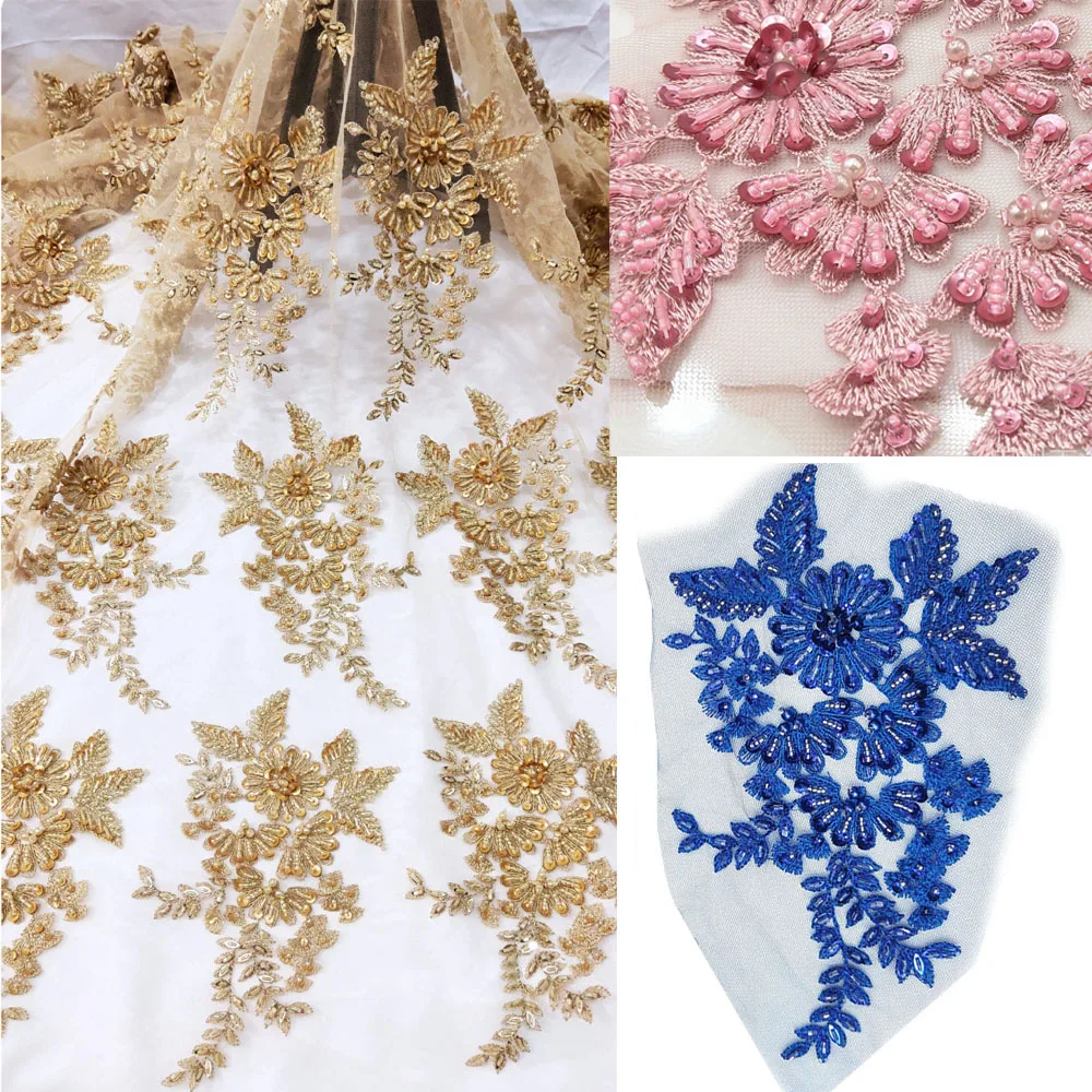 1PairBeadedAppliqueFlowerPatchEmbroideryDIYDressDecorationAccessoriesLaceFabric