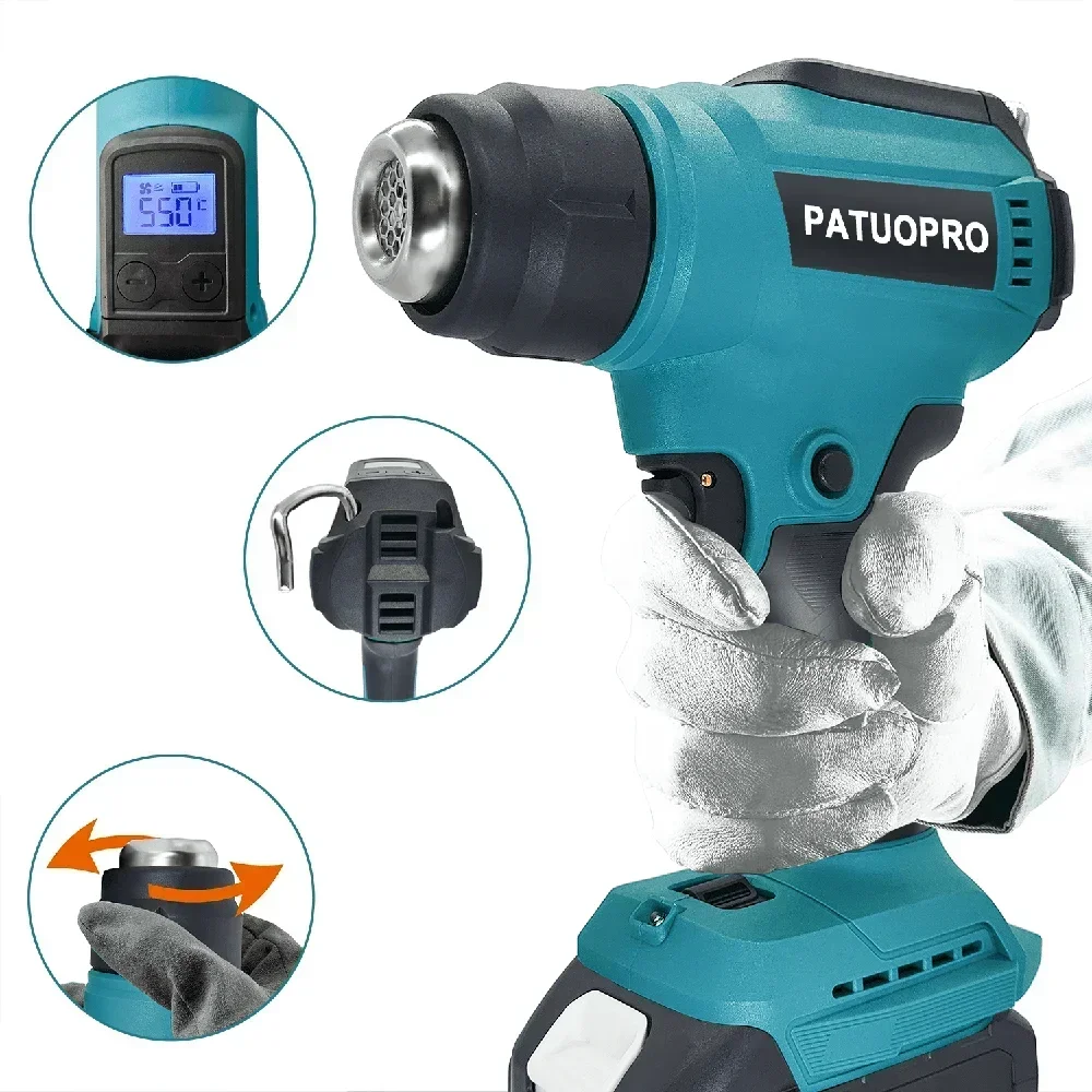 PATUOPRO Cordless Heat Gun LED Display 30-550℃ Adjustable Handheld Electric Hot Air Gun Home Power Tool For Makita 18v Battey 4