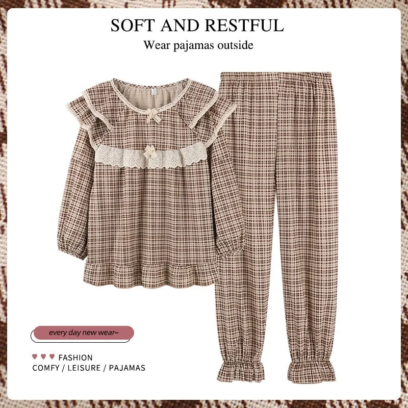 2024 New Pure Cotton Pajamas Women Spring Autumn Sleepwear Plaid Loose Fit Loungewear Oversized Doll Collar Winter Homewear Set