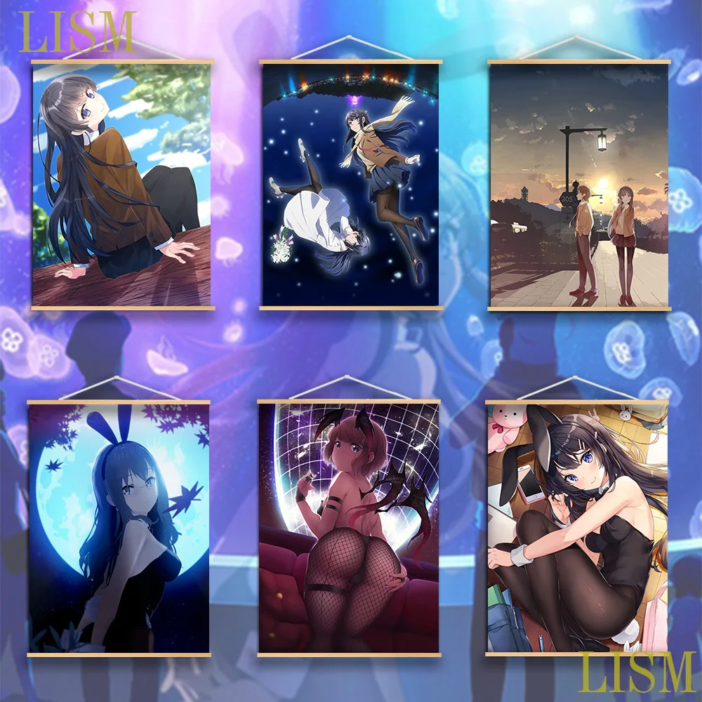 

Seishun Buta Yarou Series Sakurajima Mai Cosplay Anime manga wall Poster solid wood hanging scroll with canvas painting