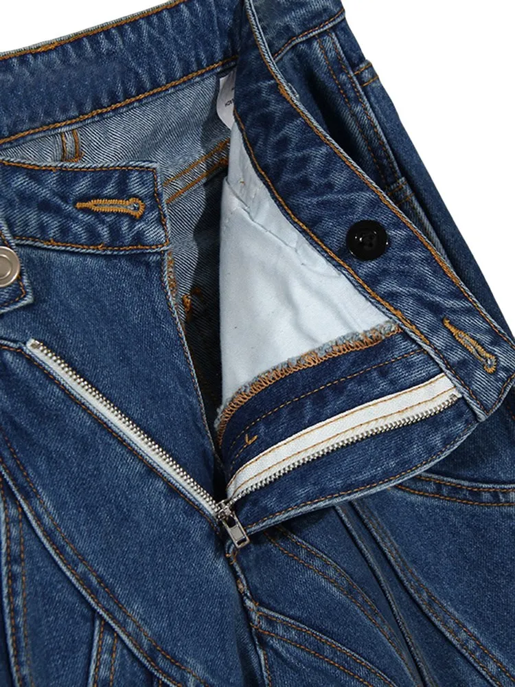 BPN Striped Denim Pants For Women High Waist Asymmetrical Patchwork Pocket Chic Solid Straight Trousers Female Fashion Clothing