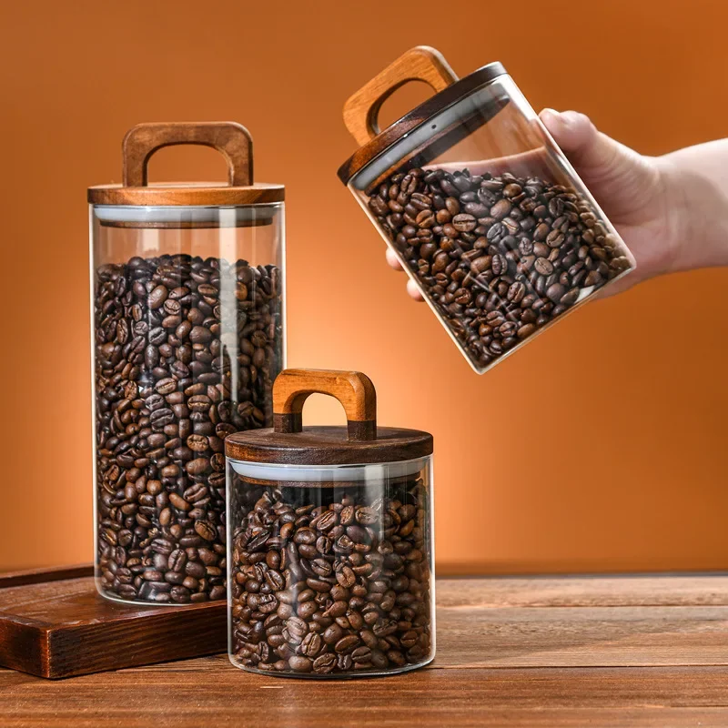 Coffee Bean Glass Sealed Jar with Wooden Lid Transparent Tea Grains Candy Jars Food Storage Containers Kitchen Storage Bottles 4
