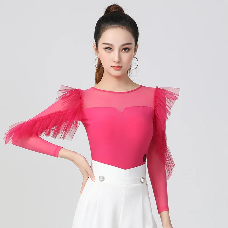 

2022 New Latin Dance Tops For Women Long Sleeved Mesh Shirts Chacha Rumba Tango Dress Latin Dance Performance Costumes DN14376