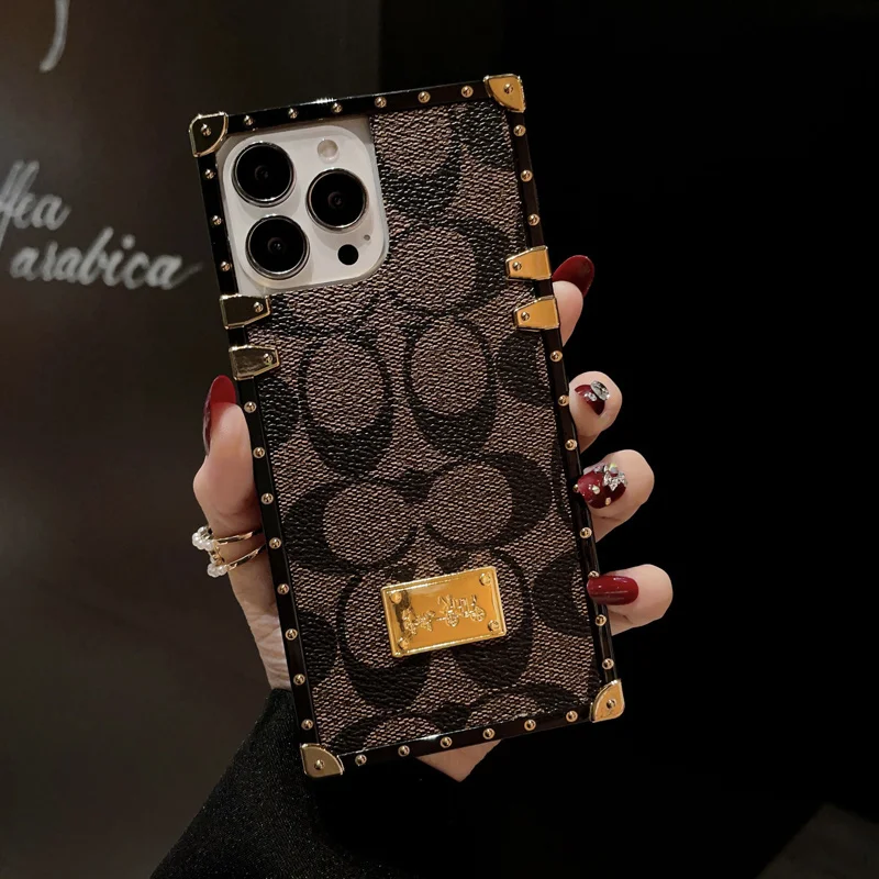 Luxury Flower Geometric Pattern Square Leather Phone Case For iPhone 14 PRO  MAX 13 15 PRO 12 11 X XS XR 7 8 14 Plus Soft Cover