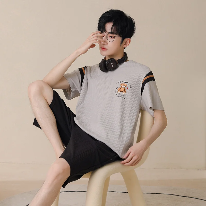 New Men's Pajamas Pure Cotton Short Sleeved Shorts Summer  Version Leisure Sports Youth Home Clothes Set