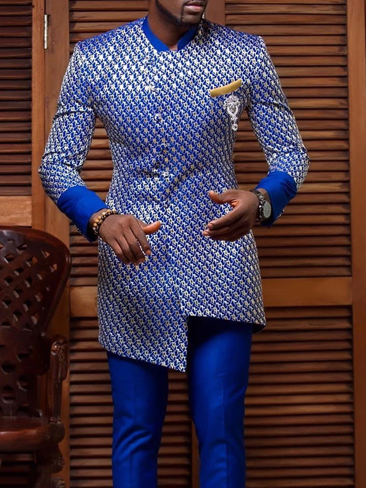 Pakistan Islamic Clothing Arab Tunic Men Kaftan Islamic Standing Collar Casual Blue Pattern Men's Long Sleeve Shirt Muslim Sets