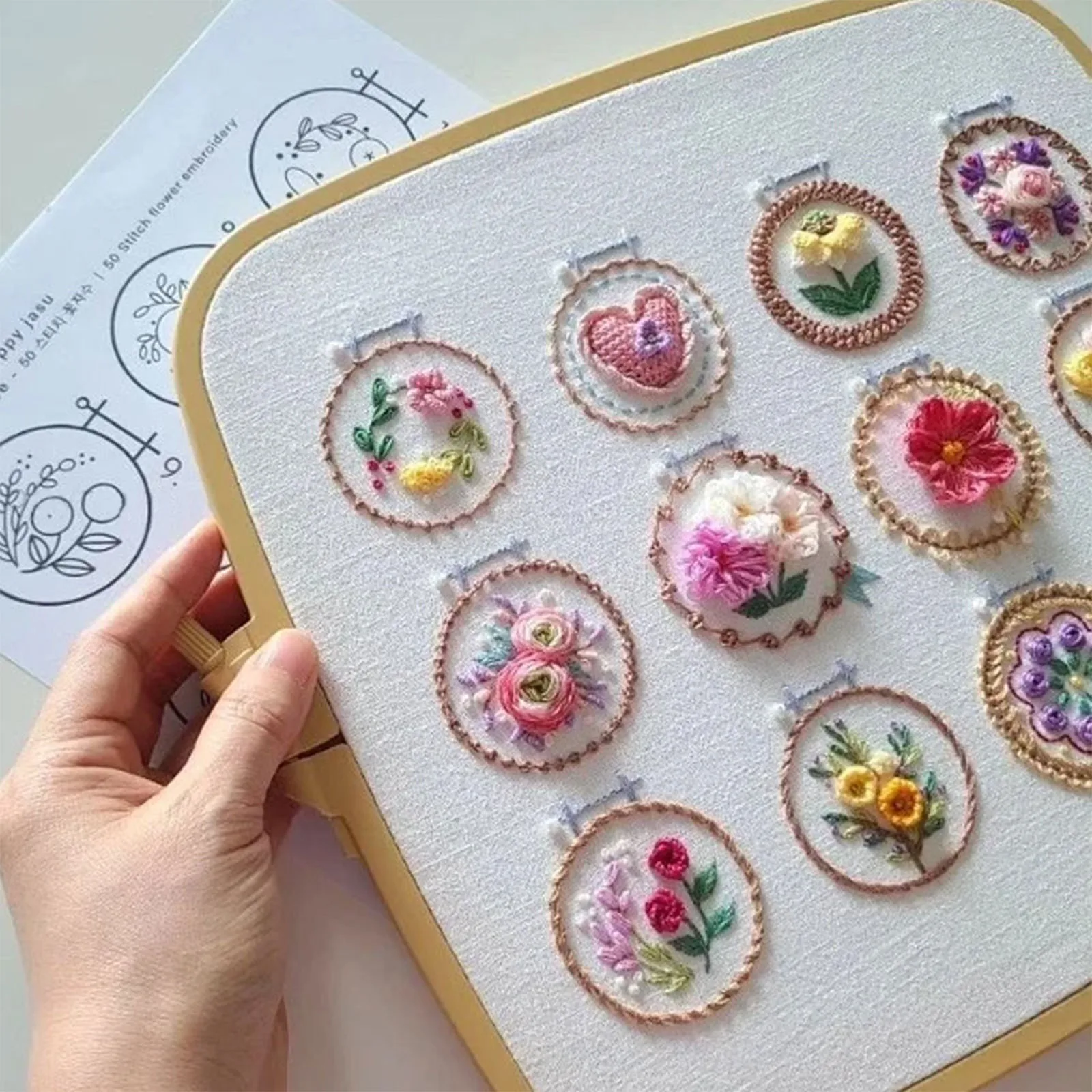 Small Flower Frame Embroidery Kit,Learn 12 Different Stitches Floral Embroidery Starters Kit, For Beginners With Instructions