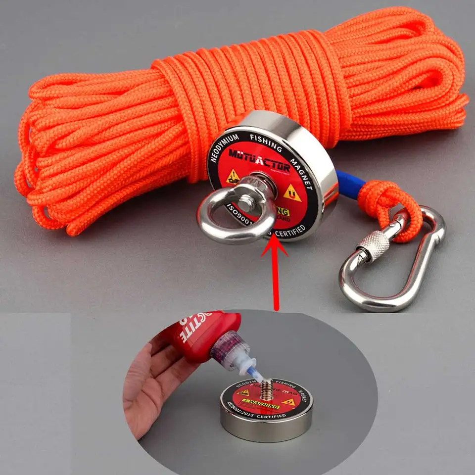 Magnete con occhiello al neodimio su entrambi i lati, 440 kg, N52, super forte magnete per la pesca magnetica, diametro 67 mm, con corda da 20 m, guanti e ancora, con 2 Magnete con occhiello al neodimio su entrambi i lati, 440 kg, N52, super forte magnete per la pesca magnetica, diametro 67 mm, con corda da 20 m, guanti e ancora, con 2