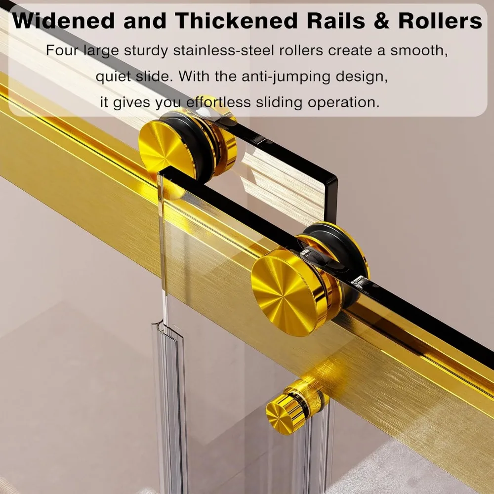 Frameless Double Sliding Shower Door 68-72" W x 76" H, 3/8" (10mm) Clear SGCC Tempered Glass, Brushed Gold Shower Door 3