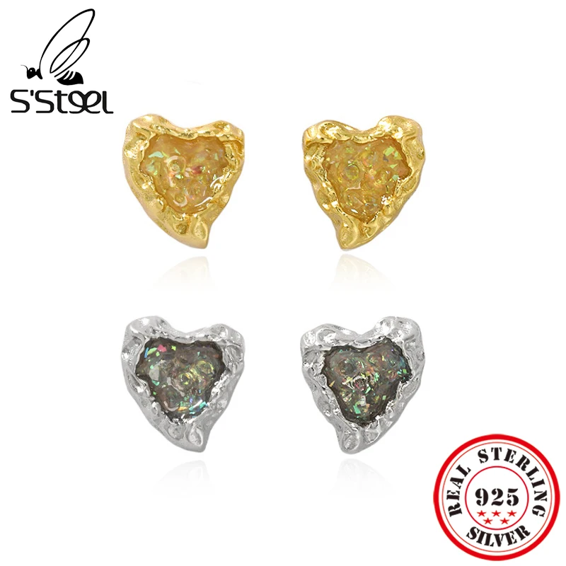 

S'STEEL Irregular Texture Enamel Small Heart Studs Earings For Women 925 Sterling Silver Korean Earrings Minimalist Fine Jewelry