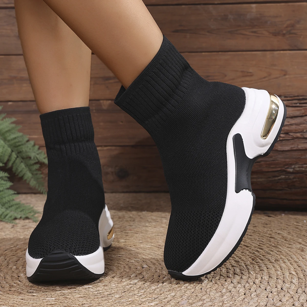 Aphixta Cotton Fabric Stretch Boots for Woman Wedge Heel Breathable Woman Ankle Boots 6cm High shoes for woman botas de mujer