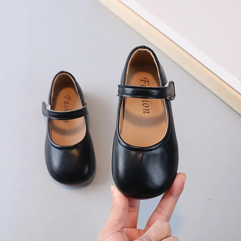 Black Leather Kids Mary Janes Shoes for Wedding Party and School
