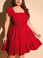 Plus Size Summer Women Elegant Dress Casual Vacation Vintage Solid Square Collar Ruffle Dresses - Image 5