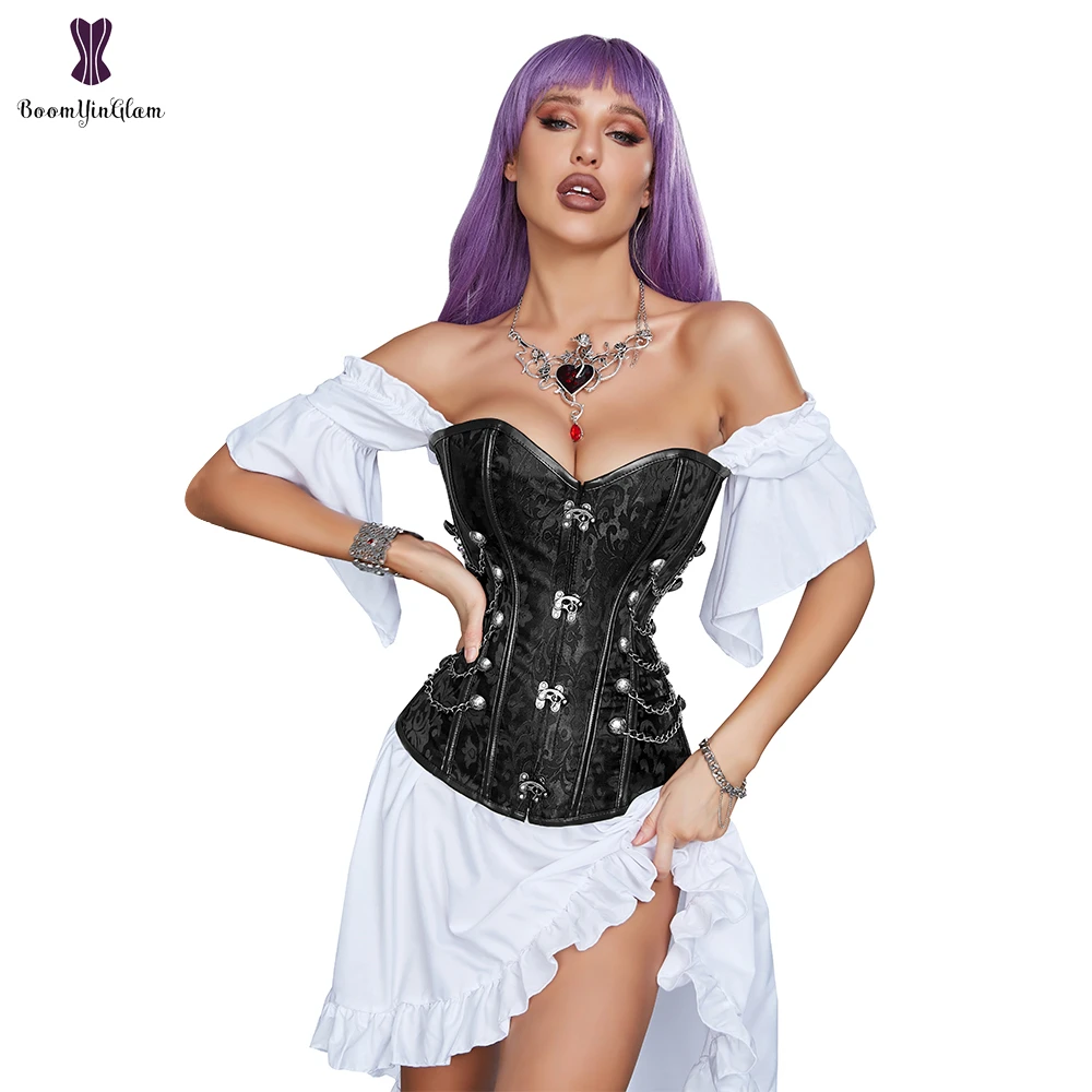 Women's Corset Sexy Steampunk Jacquard Faux Leather Studded Overbust Bustier Faux Leather Corset Top Upholstery For Halloween & Corsets - AliExpress