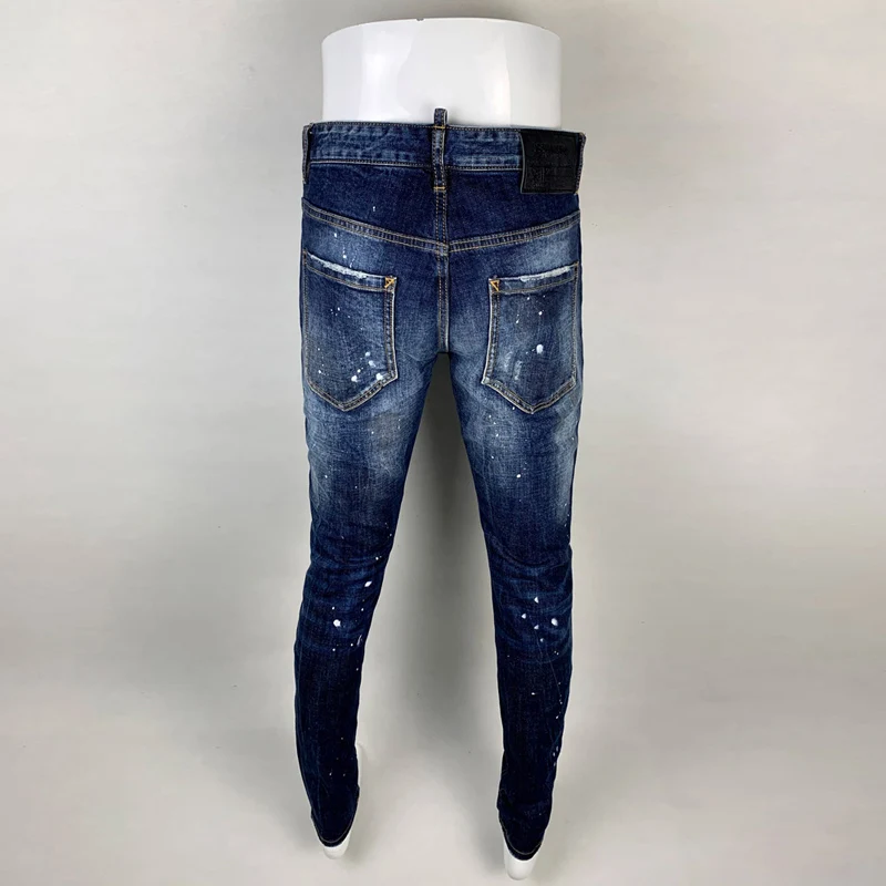 Fashion Street Clothing Men's Jeans Vintage Blue Elastic Slim Fit Paint Dotted Split Jeans Men's Patch Designer Hip Hop Brand Pa