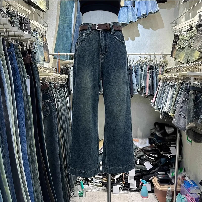 

Autumn High Waist Slimming Wide Leg Pants Straight Pants Mopping Pants Women American Vintage Washed Distressed Trousers Jeans