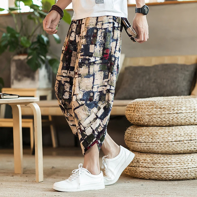 Harajuku Summer Loose Calf Length Casual Pants Men Wide Leg Cotton Linen Printing Baggy Pants Oversize Men's Trousers - Image 5