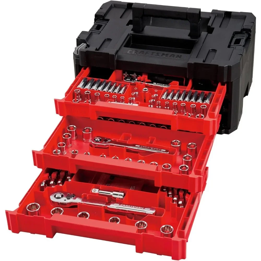All in One Mechanics Set Tool Set 1/4 in 3/8 in And 1/2 in Drive 230 Piece One Handed Locking Dial 72-tooth Ratchet 4