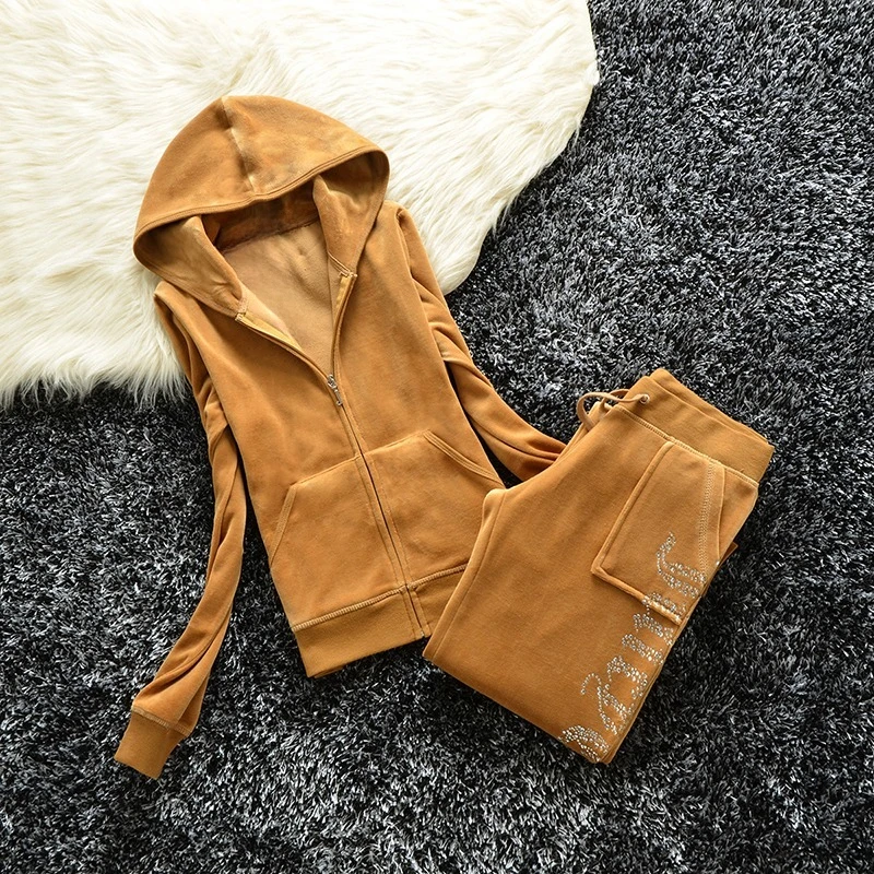 Velvet Tracksuit Juicy Women Crystal Hoodies Jacket and Back Pockets Pants Sets 2 Piece Set Women Outfit