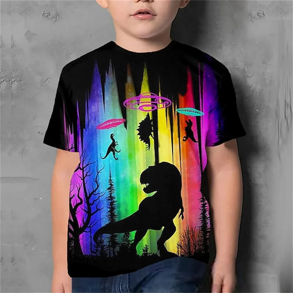 Children Clothes Girls 8 To 10 Years T Shirt For Boys Dinosaur Short Sleeve Cartoon Animals Summer Black Kid T-Shirts 3d Print