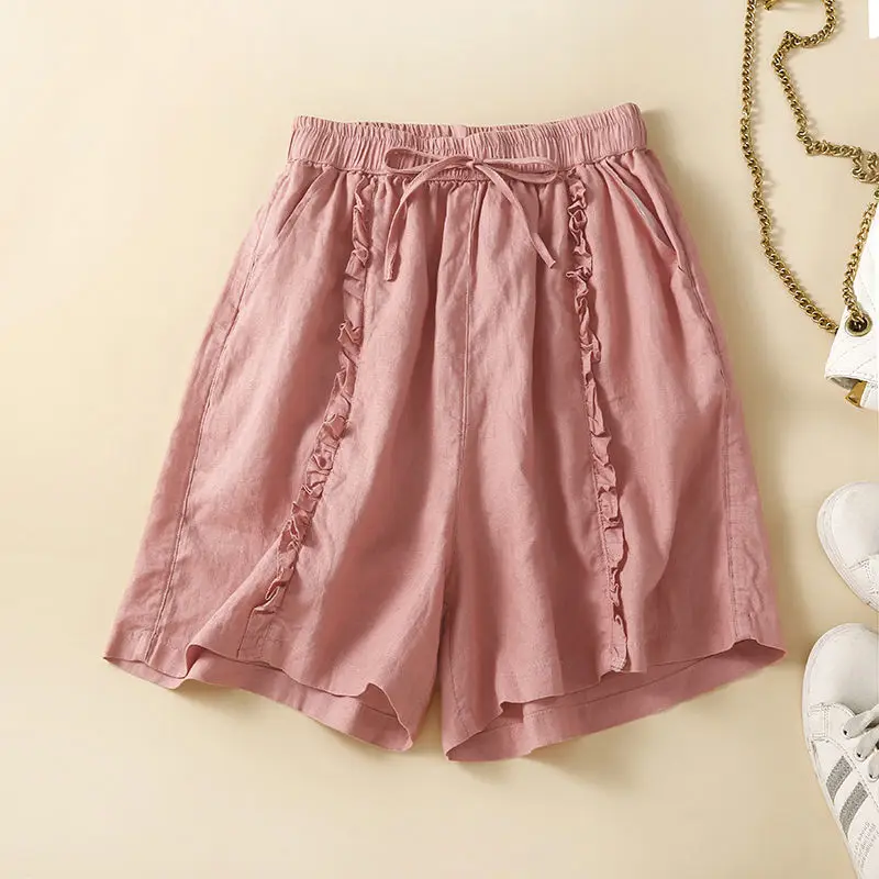 2022 Summer New Solid Color Aesthetic Casual Shorts Women Cotton Hemp Fungus Loose Wide-leg Pants Design Ethnic Style Trousers