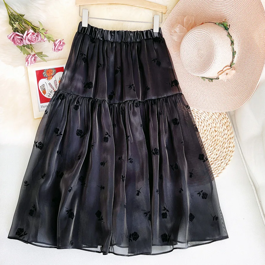 white skirt Vintage High Waist Organza Midi Skirt Flocking Rose Elegant A-Line Tutu Skirts Womens Black 2022 Spring nike skirt Skirts