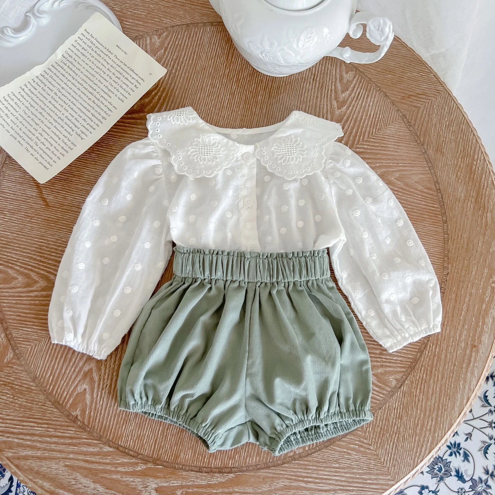 

2pcs Lovely Baby Girls Clothes Sets 0-12M Polka Dot Print Peter Pan Collar Long Sleeve Single Breasted Shirts+Shorts